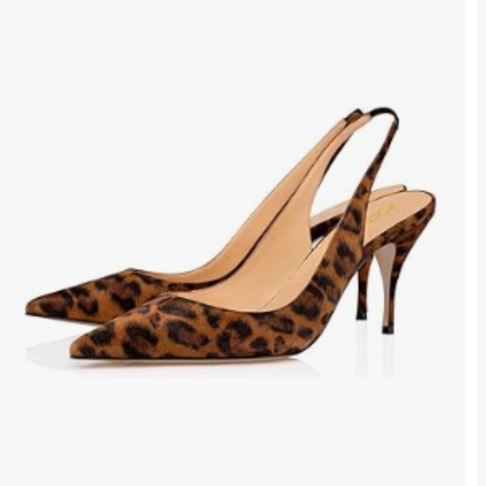 YDN Leopard High Heels Pointy Toe Elastic Strap Slingback Sandals Slip On Shoes